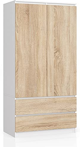 AKORD Zweitüriger Kleiderschrank S 90 cm 2 Schubladen mit Regalen und Einer Kleiderstange für EIN Schlafzimmer Kleiderschränke Minimalistischer Stil Schichtstoffplatte 16 mm Farbe Weiß/Sonoma