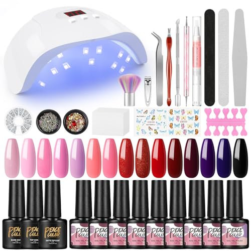 PEACECOLOR Kit Semipermanente Unghie con Lampada LED/U V Completo 15 Colori Rosso Rosa Nudo Blu Viola Nero Smalti in Gel con gli Strumenti Decorazioni Strass per Unghie Design