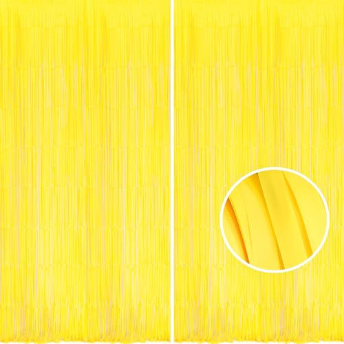BRAVESHINE 2PCS Pastel Yellow Foil Fringe Curtain Party Decorations - 3.3x8.2ft Yellow Tinsel Curtain Photo Booth Backdrop for Birthday Easter Spring Autumn Sunflower Bee Hawaiian Luau New Year Party