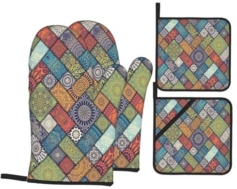 Gearsly Ofenhandschuhe und Topflappen, Boho-Mandala-Blumenmuster, Vintage-Fliesen, hitzebeständige Pads, rutschfest, wasserdicht, für Küche, Backen, Kochen, Grillen, 4 Stück