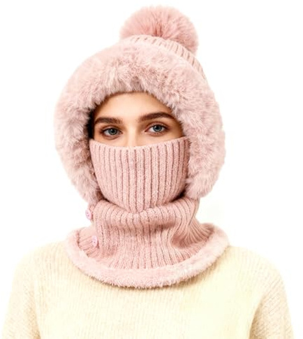 TAGVO Vintervarm stickad mössa och halsvärmare, dam balaclava mesh, fleece huva halsvärmare, flexibel stickad hatt tjock fleece foder, Rosa, one size