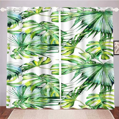 FABTOP Palmenblätter Gardinen Verdunklungsgardine Grüne Tropische Pflanze Muster Vorhänge Monstera Und Palmblätter Digitaldruck Verdunkelungsvorhänge (8,100×140BxH (50×140cm×2))