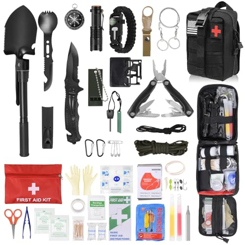 Außen Notfall Survival Kit mit Erste Hilfe Set, 38 IN 1 Survival Ausrüstung mit Überlebensarmband Armband, Messer für Männer Campin,Klappzange, Reiseabenteuer, Wandern Schwarz
