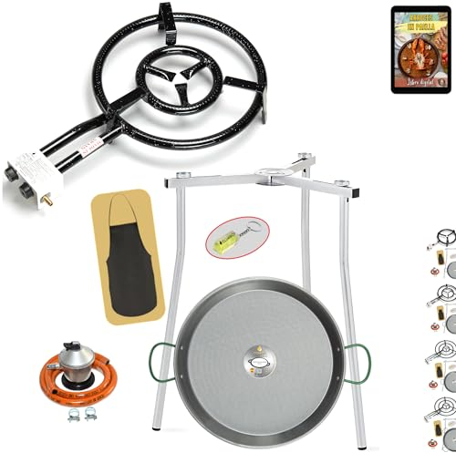 COMBOI Paellero Gas Butano 40 CM, Paellera 46 CM, Kit Quemador, Regulador de gas, Manguera, Patas Trípode, Nivel, delantal, Libro de Recetas digital (KIT 400 + Patas Trípode)