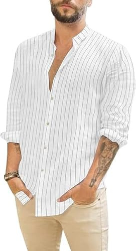 Runcati Chemise en lin pour homme - Chemise d'été à manches longues - Rayée - Chemise de loisirs - Chemise en coton - Coupe droite - Chemise de plage