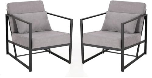 Mingone 2er Set Sessel Gepolsterter Cocktailsessel Polstersessel Stuhl Relaxsessel aus Leinen Loungesessel mit Handläufen Eisengestell für Wohnzimmer, Hellgrau