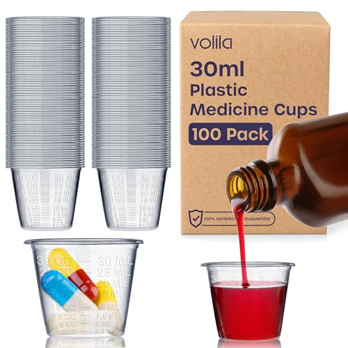 volila Medicine Cups - 100 Pack 30ml Disposable Small Plastic Medicine Measuring Cups - Translucent Medicine Cup for Liquid Medication, Measuring Ingredients in Cooking, Arts and Crafts