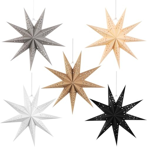SUNBEAUTY 5er Set Papiersterne zum Aufhängen Braun 30cm Grau Faltstern Weihnachten Dekoration Schwarz 9 Zacken Weiß Faltsterne Party Deko für Hochzeit Geburtstag Tischdeko