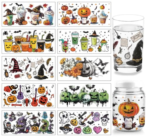 arricraft 10 Blatt Halloween UV DTF Becherfolie Für 16OZ Glas Kürbishüte Geisterschädel Abziehbilder PVC Transferaufkleber Für DIY Becher Holzmöbel Halloween Zubehör 11x24cm