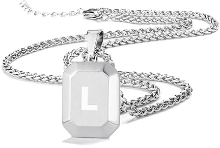 Männer Herren Edelstahl Halskette Mit Alphabet Schmuck Geschenke | Silber Schwarz Gold Quadrat Hundemarke Initial Monogramm A-Z Kette für Jungen 20 + 2 Zoll Weizen Kette Unisex