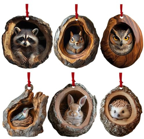 6 Stück Weihnachten Acryl Tier Dekor Weihnachtsbaumschmuck - 2D Eule Waschbär Weihnachtsbaum Anhänger Animal Christmas Ornament - Tiermuster Weihnachtsschmuck Weihnachtsdeko