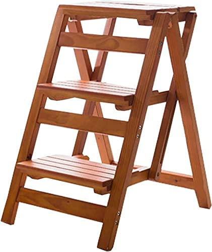 ABNNHK Tabouret échelle 3 marches Multifonction en Bois Pliable étagère échelle escabeau bibliothèque à Domicile Tabouret escabeau Pliant Charge maximale 150 kg (Couleur Bois R) (Couleur Bois R)