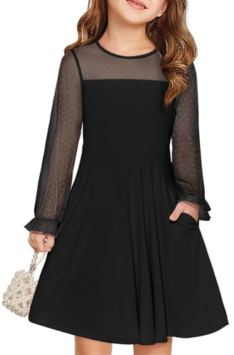 Haloumoning Klänningar, flickor, festlig prinsessklänning, barn, kontrast, mesh, långärmad, puff, sommarklänningar, elegant, A-linje rund hals, festklänning med fickor för 6–14 år, svart, 11-12 år