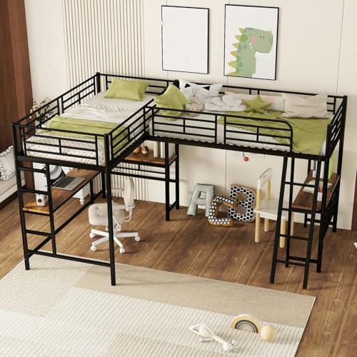 PUGSDRLY Lit Mezzanine 2 Place,Deux Lit 90x200cm,avec Bureau et Escalier,Design de Clôture Haute,Cadre en Fer pour Enfants,Adolescents et Adultes,sans Matelas (Noir)