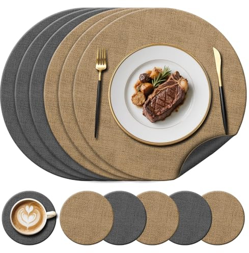 Kunstleder-Tischsets (38 cm) & Untersetzer (10 cm), Beige/Grau, 6er-Set | Beidseitig Runde Tischsets, hitzebeständig bis 212 °F, rutschfest & waschbar, für Glas-/Holz-/Marmortische, Garten im Freien