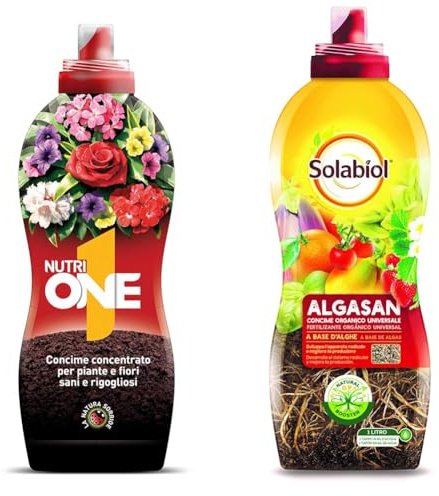 Pack - NutriONE Concime concentrato per Piante e Fiori, 1L + Solabiol Algasan, Concime Liquido Biologico Universale a Base di Alghe Brune con Tecnologia Natural Booster, 1L