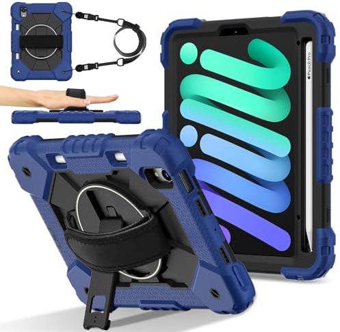 Voyage sur tablette Étui compatible avec iPad Mini 7 (A17 Pro) 2024/Mini 6 8,3 pouces 2021 avec porte-crayon, support de poignée multifonction rotatif à 360 degrés + bandoulière, étui de protection an