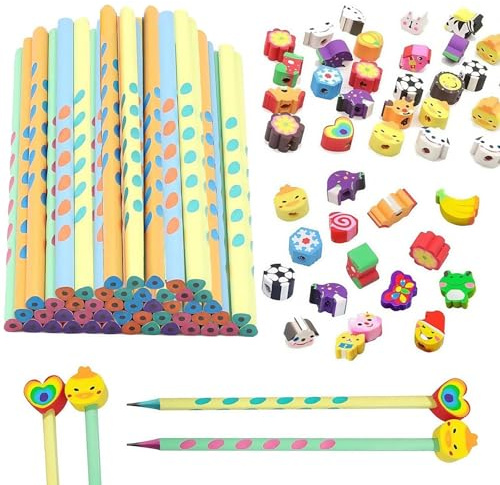 30 Stück Bleistift Mit Radiergummi, Bleistifte Dreikant Bleistift, Zufälliger Radiergummi Für Büro Geschenk Gastgeschenk Bleistifte Für Personen ab 15 Jahren
