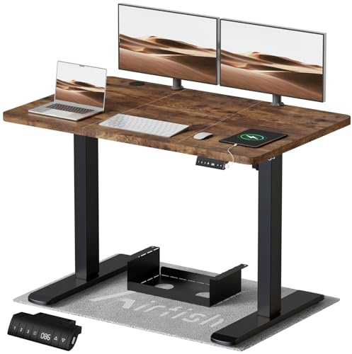 Airfish Höhenverstellbarer Schreibtisch mit USB-Buchse, Elektrisch Schreibtisch mit Kabelwanne, Computertisch, Bürotisch, Stehpult mit Erinnerung an sitzende Tätigkeiten, 120 x 70 cm, Vintage-Braun