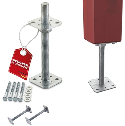 SOTECH 2er Set Pfostenträger 80 x 80 x 250 mm Gewinde M24 | Stahl feuerverzinkt Holzpfostenträger höhenverstellbar Stützfuß zum aufschrauben Witterungsbeständig