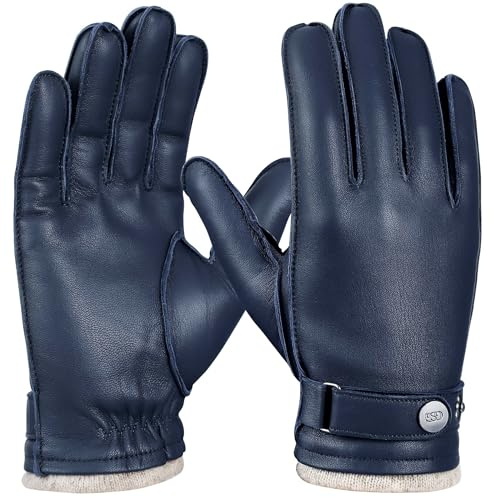 GSG SINCE 1998 - Gants Cuir Homme Hiver d’Agneau Premium, Tactiles et Doublés Laine, Chauds et Élégants pour Conduite Bleu Marine M