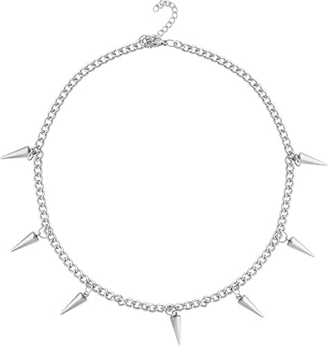 Hanary Silver-tone Chunky Chain Spike Necklace, Grunge Punk Necklace, Gothic Goth Emo Jewelry, Christmas New Year Jewelry Gift For Women