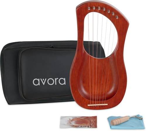 Avora Lyra-Harfe aus Mahagoni – 7 pentatonisch gestimmte Leier Harfe mit Stahlsaiten, Tragetasche & Stimmschlüssel – Saiteninstrument mit spiritueller Tiefe für Musiktherapie & Klangreisen