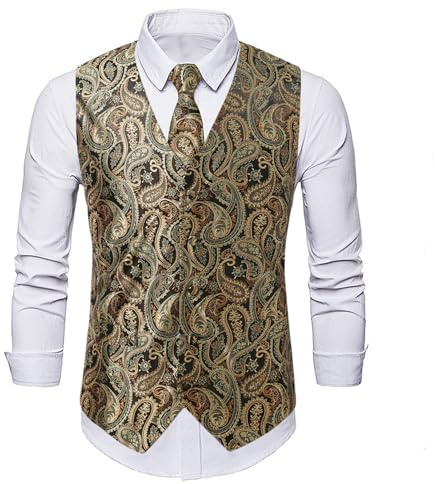 YOSUWOAI Gilet traditionnel décontracté 3 pièces pour homme avec cravate, mouchoir et gilet, motif cachemire floral, jacquard, gilet de costume vintage classique