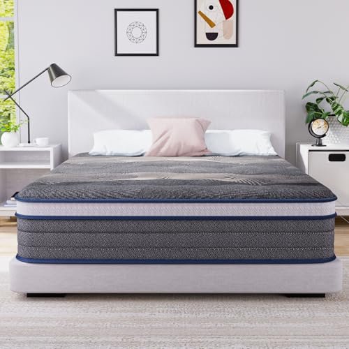 Frideko 25cm Double Mattresses, Pocket Sprung Mattress, 4FT6 Hybrid Mattress with Pressure Relieving Memory Foam, Medium Firm Grey+Blue (135x190x25cm)
