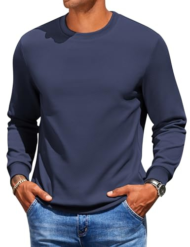 COOFANDY Hombres Sudadera De Manga Larga Jersey con Cuello Redondo Acanalado Camisa De Larga Mangas Ropa De Trabajo Jersey De Un Solo Color Hombres Tiempo Libre Azul-Violeta 3XL