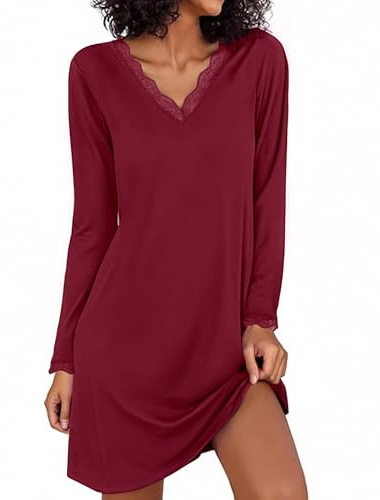 Demegimi Chemise de Nuit Femme Coton à Manches Longues Nuisette Élégante avec Dentelle et Col en V Vêtements de Nuit Chauds pour Automne Hiver