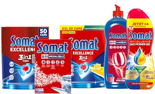 SOMAT Excellence 3in1 Caps 50 Stück 905 g + Lemon 50 Stück 905 g + Duo Power Gel 992 ml + Klarspüler 750 ml + Spezial-Salz – kraftvolles Spülmaschinen-Set für gründliche Reinigung und Schutz
