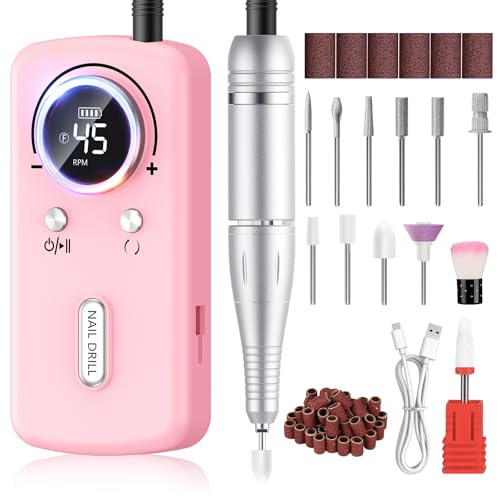 PKBD Torno Para Uñas Profesional 45000RPM para uñas acrílicas y de gel, lima de uñas eléctrica recargable con 11 puntas y pantalla LCD para salón, hogar y bricolaje, color rosa
