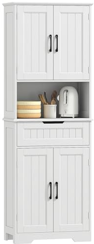 HOMCOM Buffet Haut Cuisine, Armoire de Cuisine, vaisselier avec 4 Portes, tiroir, Compartiment Ouvert et étagères réglables, Meuble de Rangement pour Salon, Salle à Manger, 60 x 30 x 172 cm, Blanc