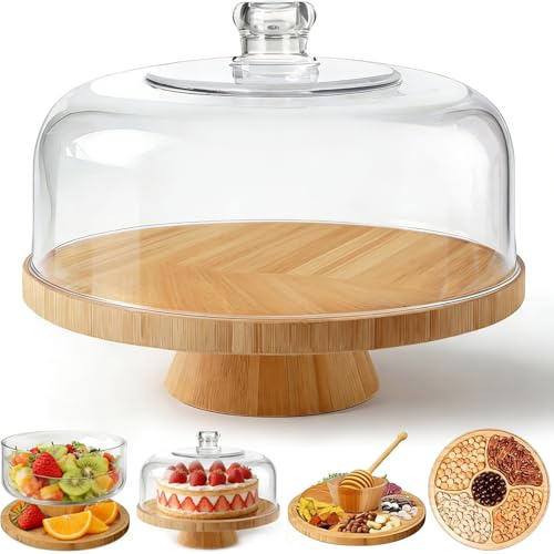 1ZIZIFA8 Bamboo Cake Stand with Acrylic Dome Lid - 6-in-1 Multi-Function - Large Serving Platter, Cheese Board, Appetizer Tray, Dessert Display Stand with Cover for Parties, Weddings, Kitchen