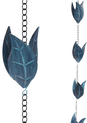 2.6 Meter Regenkette Ablaufkette, 12 Blau Blätter Regenwasserkette, Regenablaufkette Dachrinnenkette, Wasserfall Effekt Dekorative Regenfängerkette Terassendeko Hängende Regenkette für Außenbereich