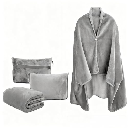 Dasellfa Reisedecke Decken Reisekisen, Camping Auto Flugzeug Gadgets Decke, Srandkissen, $chulterwaRmer, Poncho Mit KnoPfen Kissen Decke 3In 1.FüR Frauen, Manner Und Kinder (Grau upgraden)