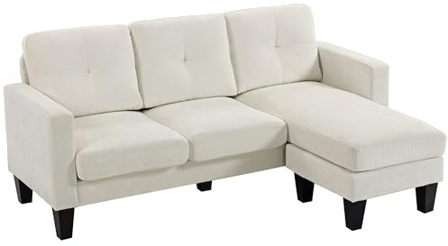 HOMCOM Sofá Chaise Longue Reversible, Sofá de 3 Plazas en Forma de L, Tapizado en Chenilla, Asiento y Respaldo Acolchados, Estructura de Acero, 186x130x84 cm, Crema