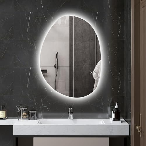HOMCOM Badspiegel mit Beleuchtung 80 x 60 cm LED Badezimmerspiegel Dimmbar mit 3 Lichtfarben Touch-Schalter asymmetrisch Wandspiegel mit Beschlagfrei, Memory-Funktion, für Badezimmer Silber