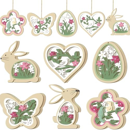 YIPFEN 12 pezzi decorativi da appendere, decorazioni pasquali, addobbi pasquali, ciondolo in legno, coniglietto pasquale, uova di Pasqua, farfalle, fiori pasquali
