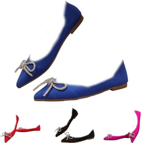 HESYSUAN Ballerines plates à bout pointu pour femme avec strass et nœud en strass pour mariage, bal de fin d'année, fête, bleu, 39 EU