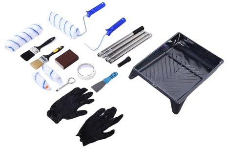 FTVOGUE Kit de Rodillo de Pintura con Poste de Extensión, Cubiertas de Rodillos de 11cm y 23cm, Bandeja de Pintura, Cepillos para Paredes Altas, Techos, Suministros Profesionales de