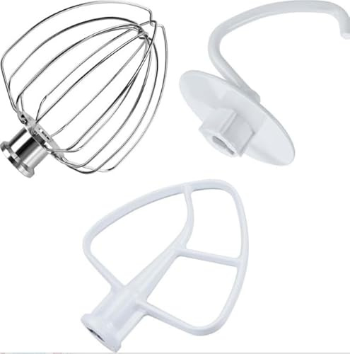 3 Pack Mixer Attachments Compatible with KitchenAid 4.5-5 Quart Tilt-Head Stand Mixers, Includes K45WW Wire Whip, K45DH Dough Hook & K45B Coated Flat Blade Paddle