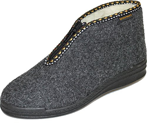 Intermax Damen Bequemer Hausschuh Stiefel mit Reißverschluß, gefüttert Schurwolle, Filz anthrazit 41 EU