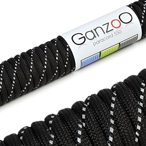 Paracorde 550 réfléchissante, corde de survie à usages multiples et ultra-résistante, corde de parachute, corde gainée en nylon, longueur totale: 31m, couleur: noir – ATTENTION: NE PAS UTILISER CETTE CORDE POUR L'ESCALADE, de la marque Ganzoo
