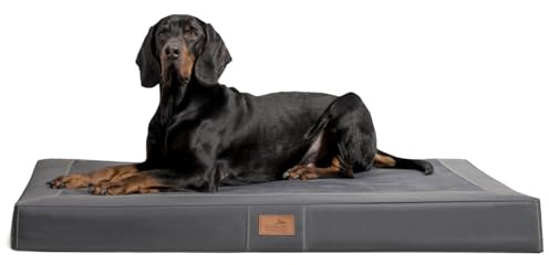 tierlando® Orthopädische Hundematratze Oscar VIP aus Kunstleder und Velours mit Visco-Schaumfüllung, druckentlastende Hundematte mit Rutschfester Unterseite Größe: 150x100cm | Farbe: 02 Graphit