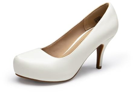 DREAM PAIRS Women's Low Stiletto Platform Heels Pumps,White/Pu,7