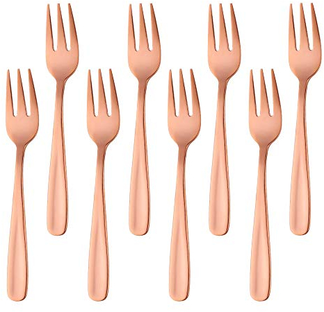 BISDARUN Rostfreier Stahl Kuchen Gabel Dessertgabeln Obst Gabel 8-teilig Roségold Gabeln Satz Spiegelpolitur ideal für Dessert 13,6 CM/5.35 Inch