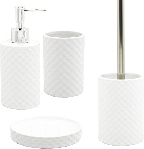 BM 4062 Set di Accessori da Bagno in Ceramica Quadratini Bianco, Set Accessori Bagno Completo 4 Pezzi, Dispenser, Portaspazzolino, Portasaponetta e Portascopino