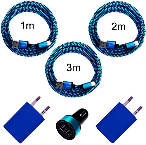 i! - 2X 1A USB Netzteil + KFZ Auto Ladegerät + 1m + 2m + 3m Nylon USB-C Schnellladekabel Datenkabel Set für Handy Tablet Smartphone - blau